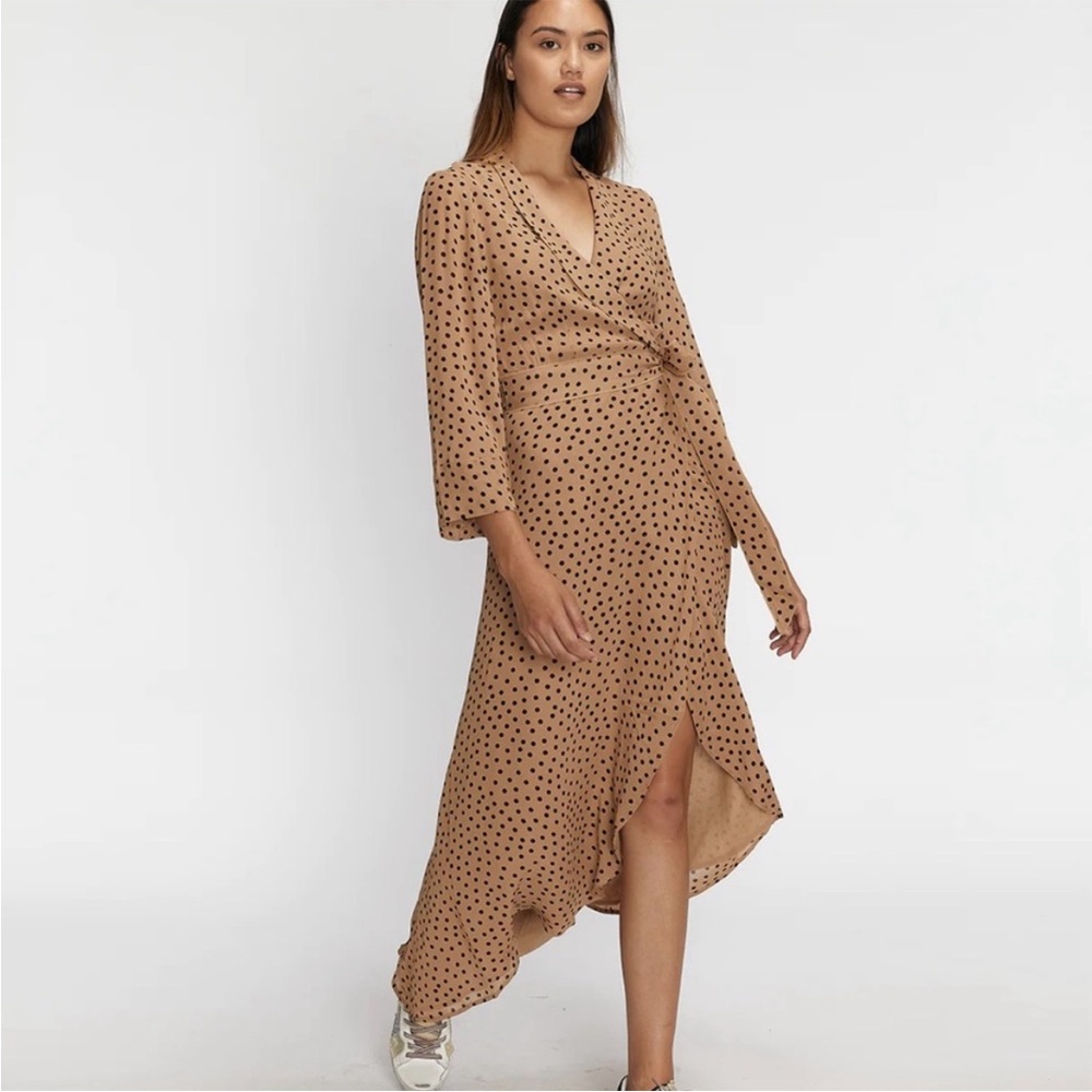 Ganni Polka Dot Asymmetric Georgette Wrap Dress Tan Black Size XS